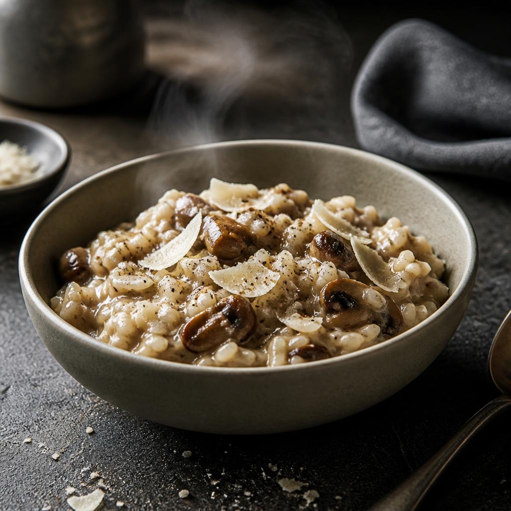 Risotto de hongos humeante recién terminado