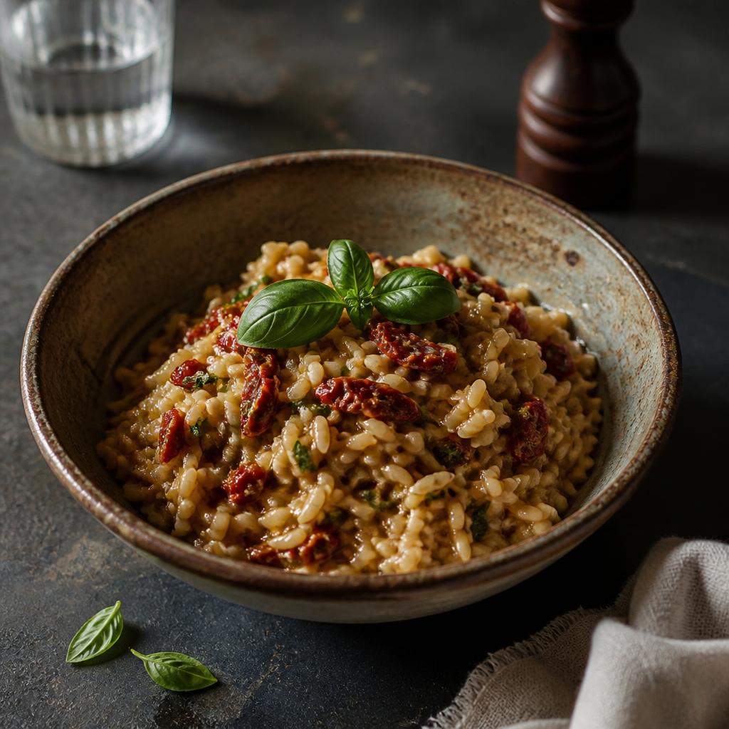 Risotto mediterráneo con tomates secos y albahaca
