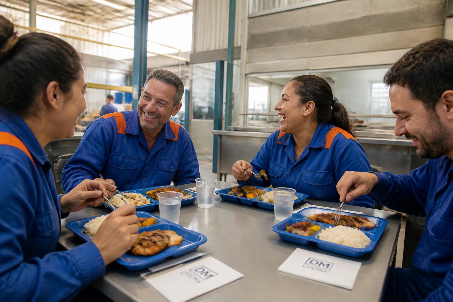 Operarios almorzando juntos platos de DM Cocina en el comedor fabril